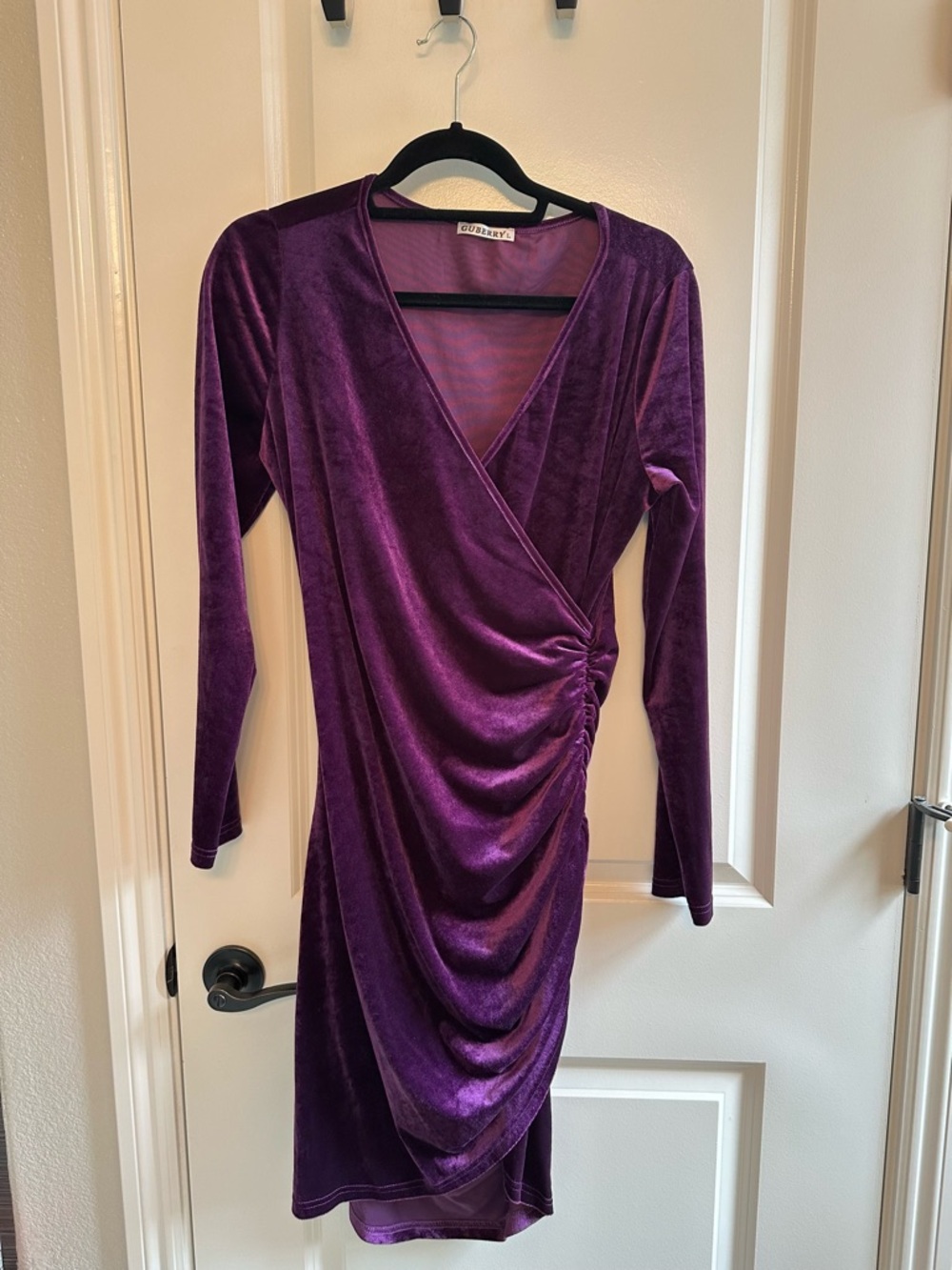Velour Ruched purple long sleeve dress